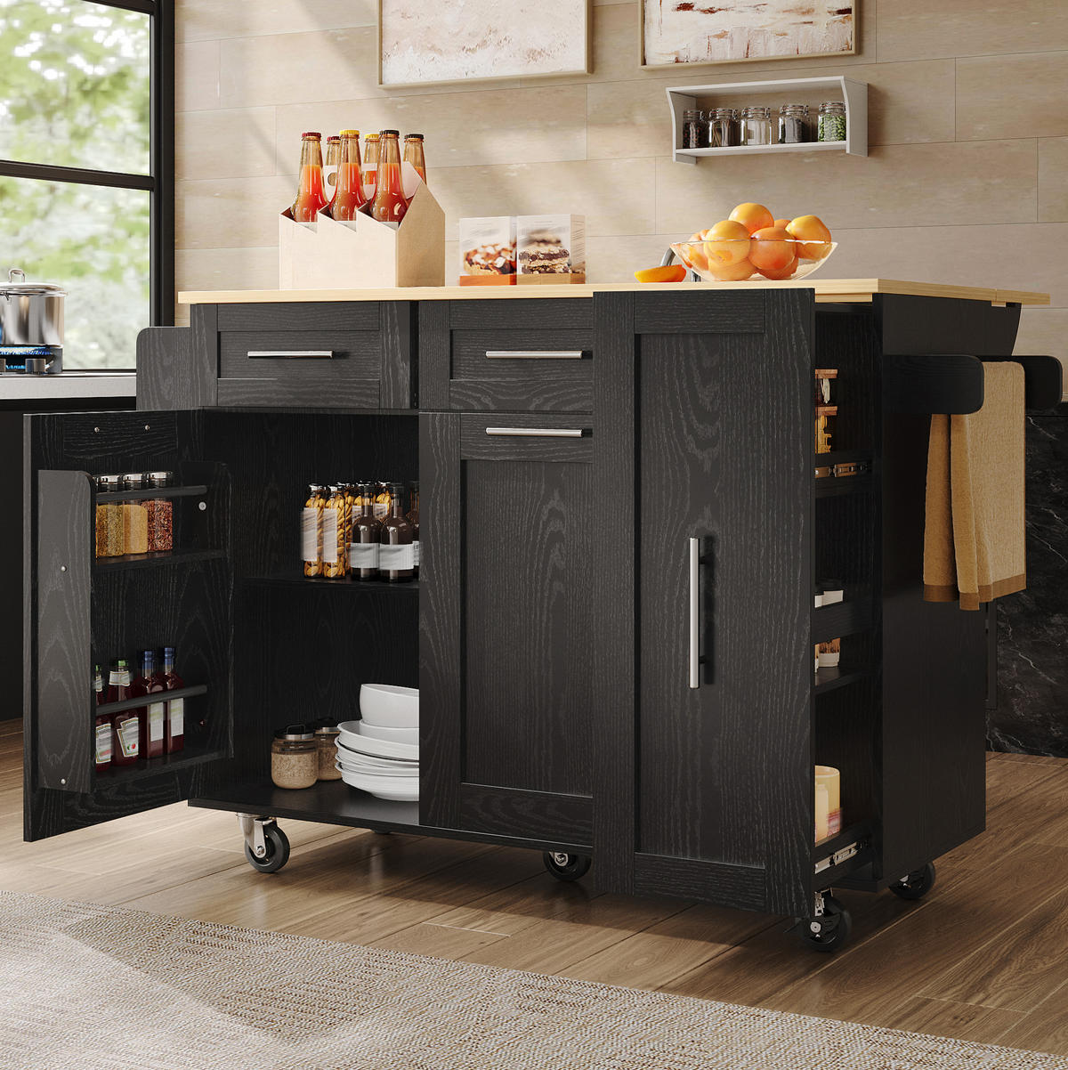 KÜCHENINSEL mit Klapptisch 110 x 46 x 90,5 cm Schwarz - Schwarz, Metall (74/92.5/134.5cm) - Beauniv
