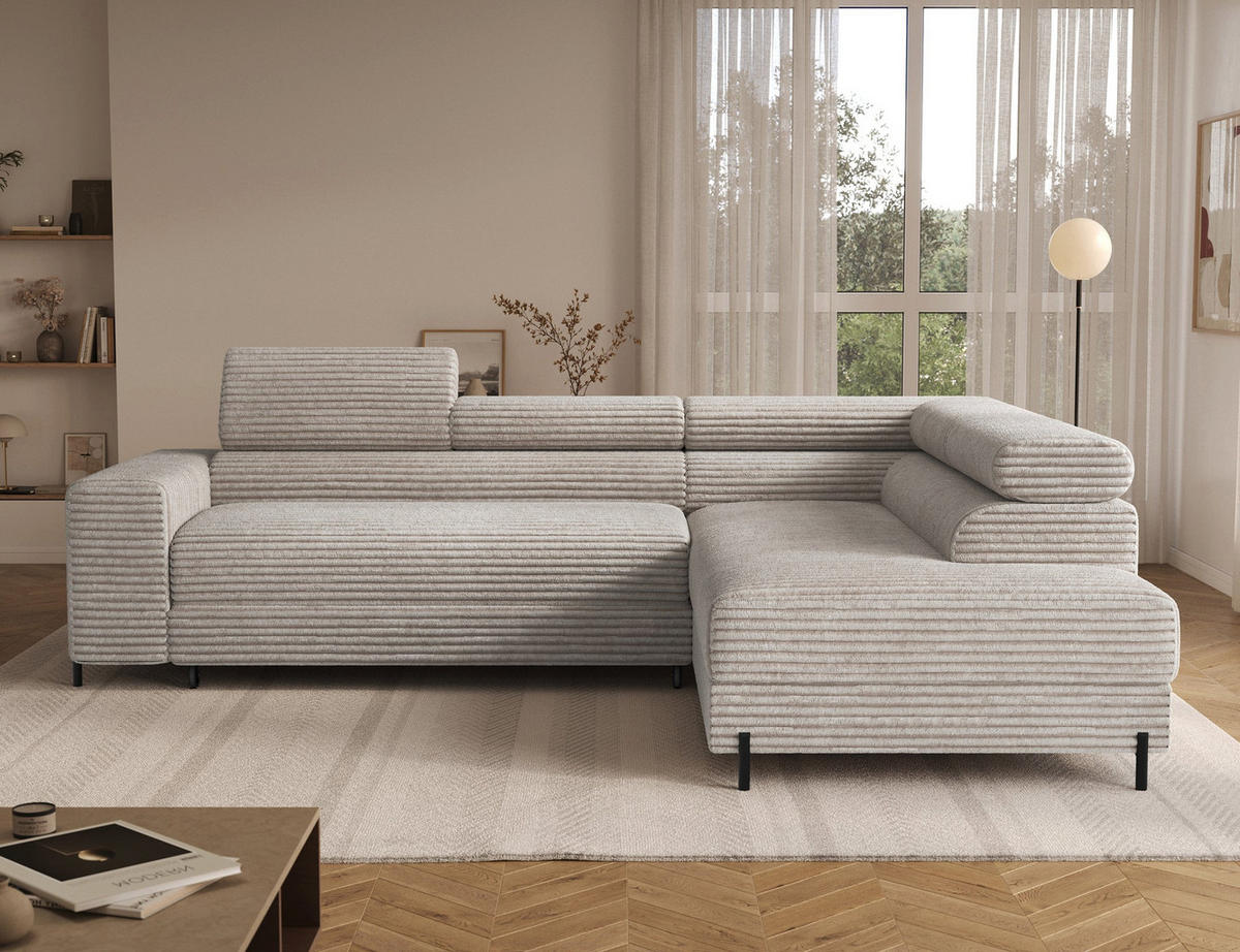 ECKSOFA COLESIO L-Form, Schlaffunktion, Bettkasten, verstellbare Kopfstützen, Wellenfederung, Metallfüße, breiter Cordstoff - Schwarz/Weiß, Kunststoff/Metall (204/269cm) - Wohnideebilder