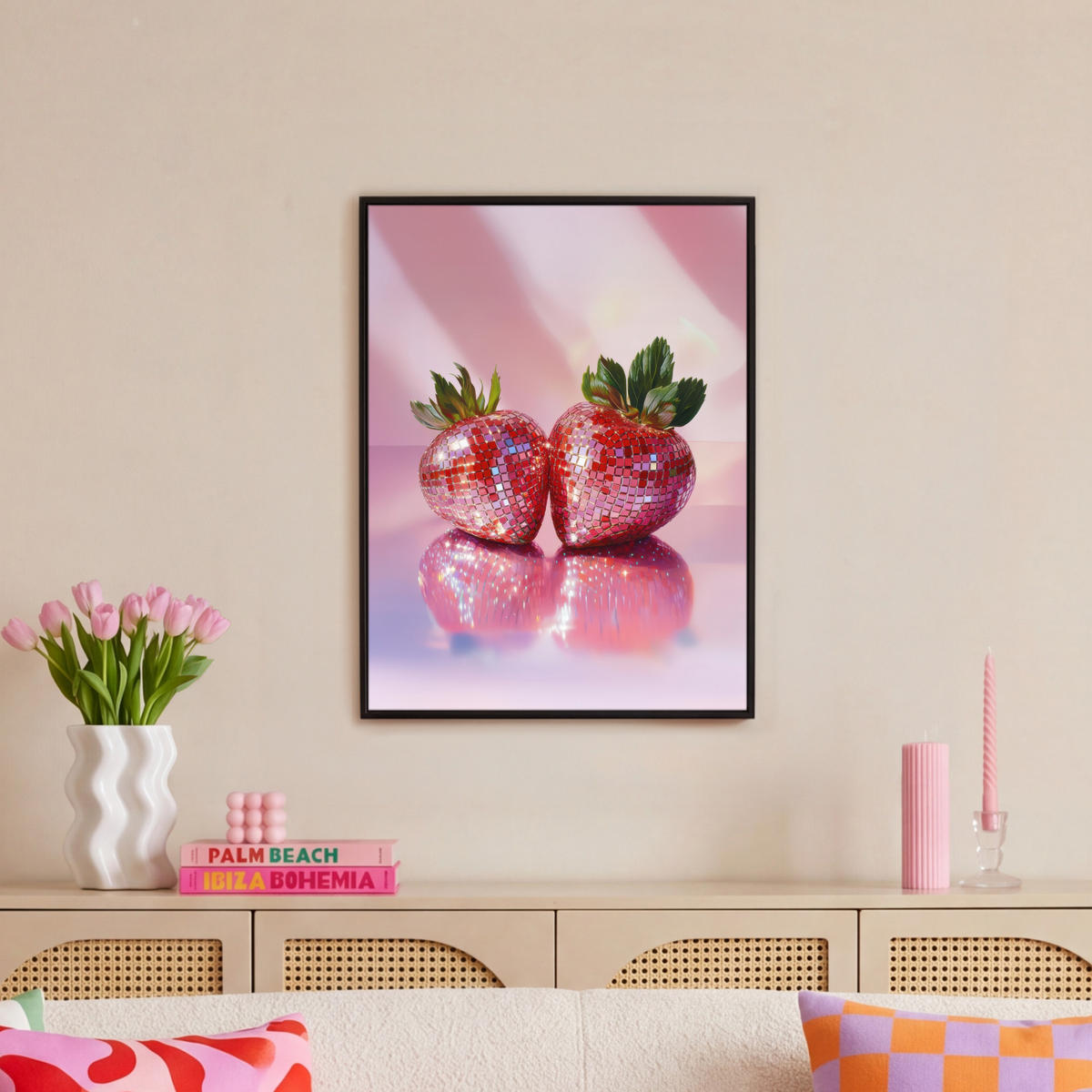 LEINWAND Bilder mit Rahmen - Disco - Obst - Glitzer - Erdbeere - 50x70 - Pink, Textil (50/70cm) - MuchoWow