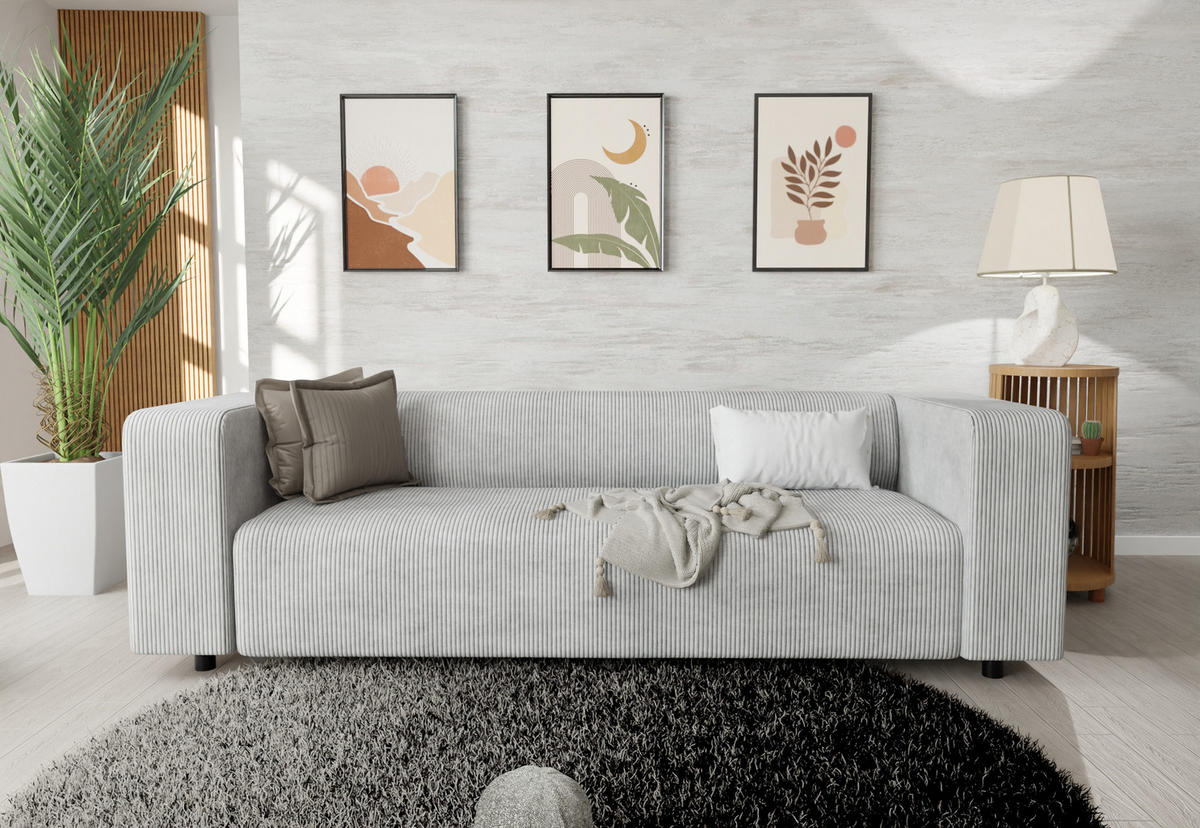 3-SITZER-SOFA Tove Hellgrau Cord - Hellgrau/Schwarz, Holz/Kunststoff (135/65/80cm) - S-Style Möbel