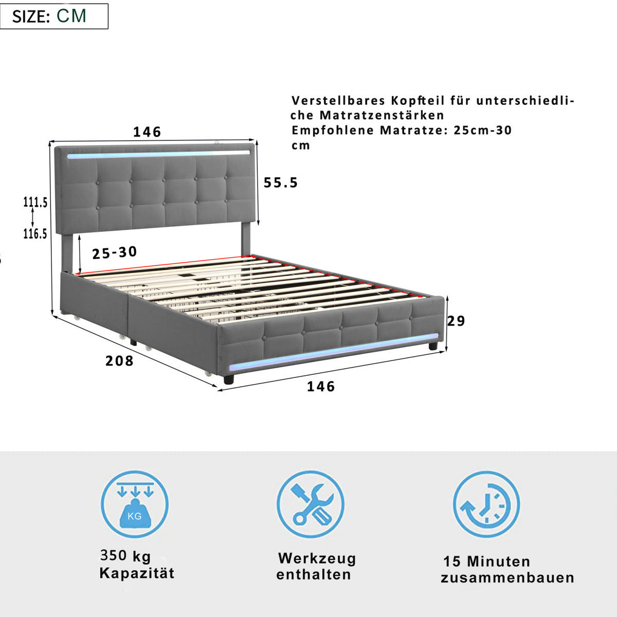 POLSTERBETT 140x200cm mit höhenverstellbarem Kopfteil und 4 Schubladen, LED und USB Sicherheitssteckdose, Leinen, Grau - Grau, Holz/Metall (140/200cm)