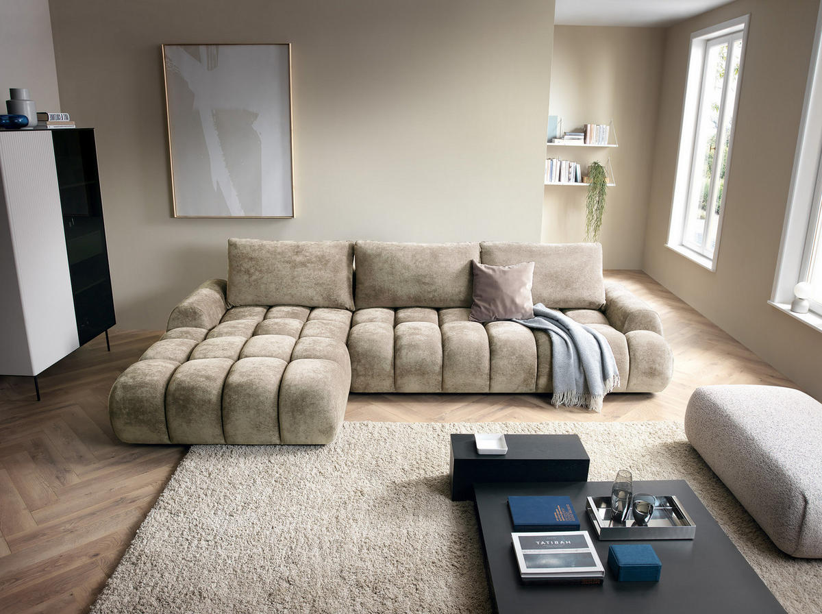 ECKSOFA 340 cm Valerio II, Schlaffunktion, Bettkasten, Links, Beige - Beige, Holz (340/177cm) - Emporius