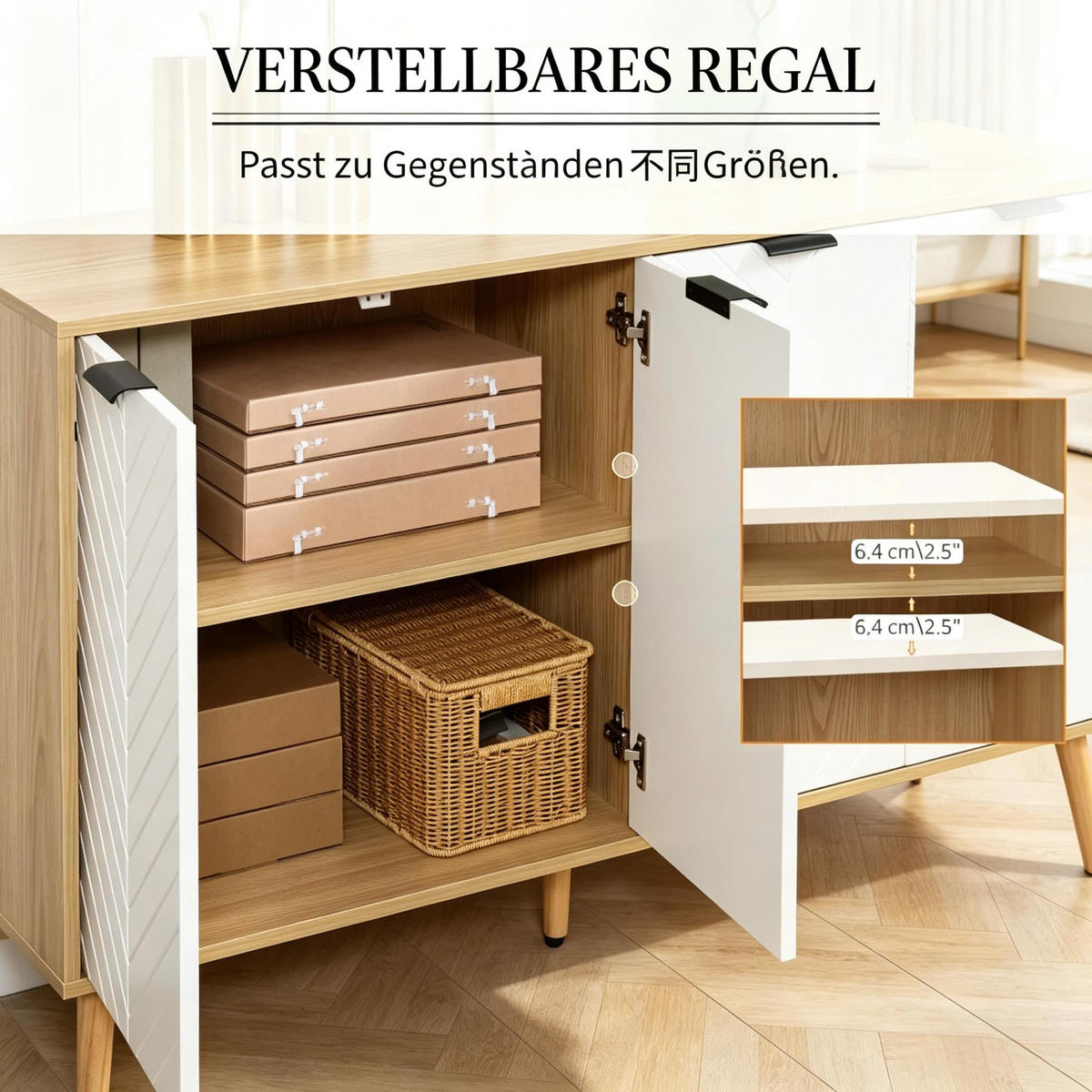 SIDEBOARD DE-38086 120/35/77,4 cm mit 2 zweistufigen Schränken Weiß - Weiß, Holzwerkstoff (120/77.4/35cm) - ComfortXL