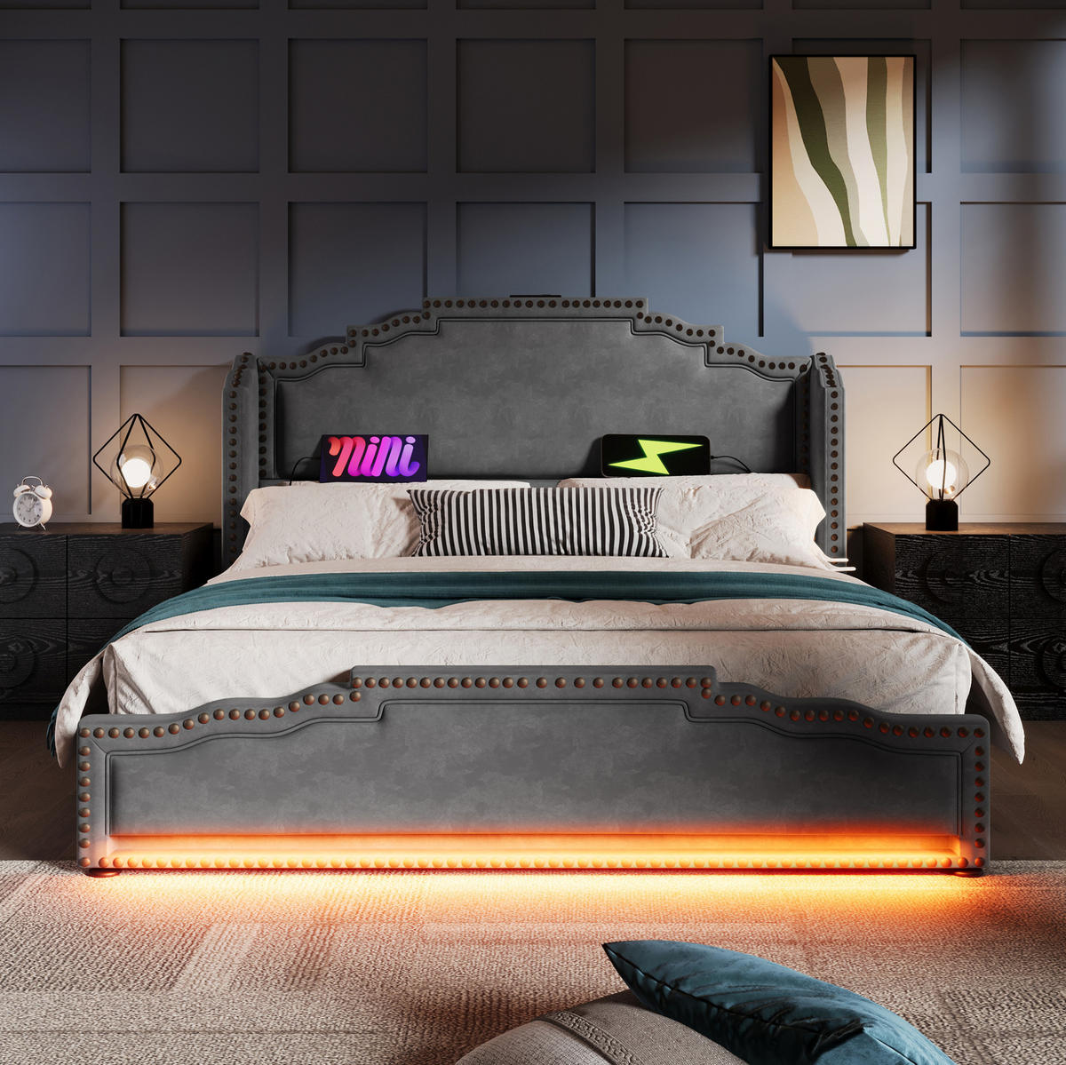 BETT mit 4 Schubladen, LED und USB-C 160x200 cm Samt Grau - Grau, Metall (160/200cm) - Meubliv