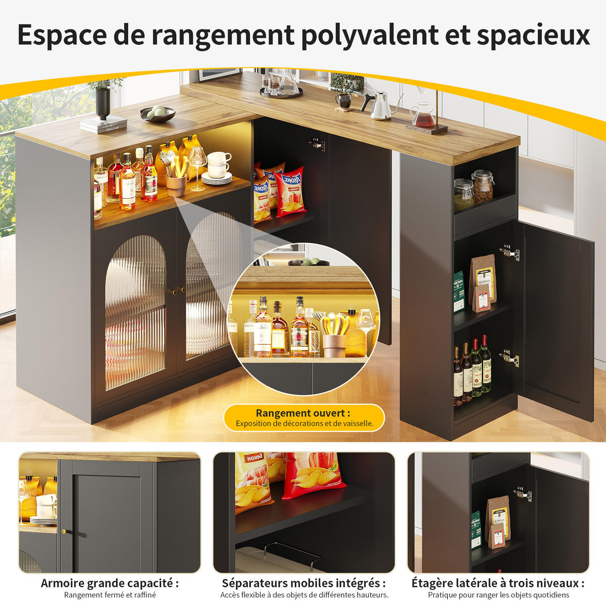 BAR-SIDEBOARD 198x39,6x97 cm, 360° drehbar, LED, Schwarz - Schwarz, Holz (197/100/40cm)