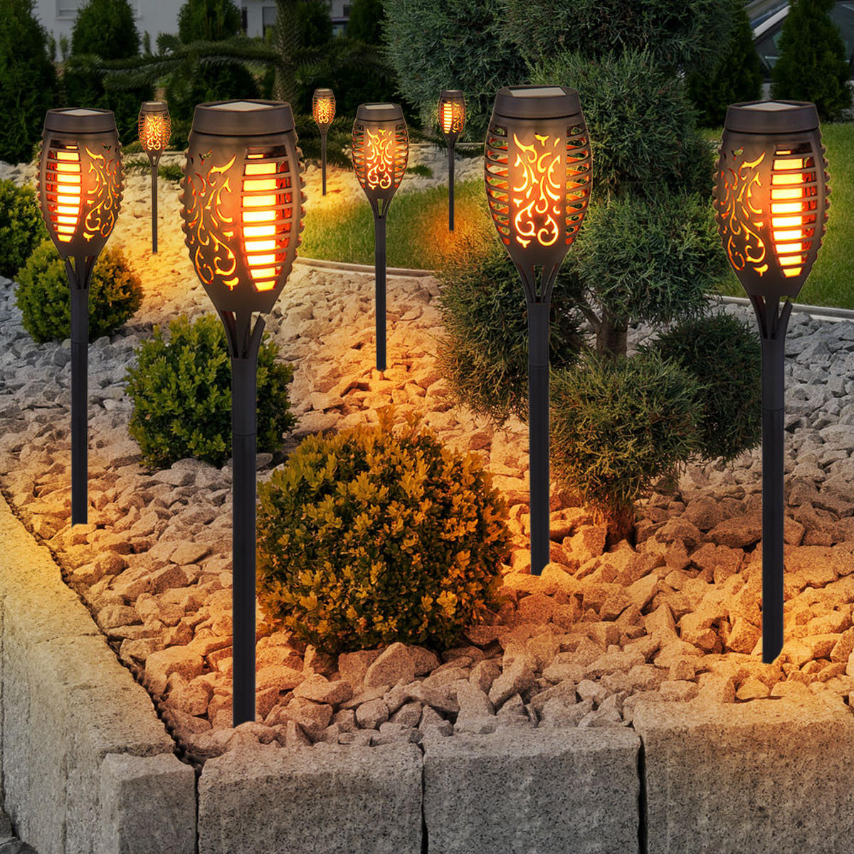LED AUSSENLEUCHTE Solarleuchte Schwarz Feuereffekt 6er Set - Schwarz, Kunststoff (7.5/7.5/51cm) - Globo Lighting