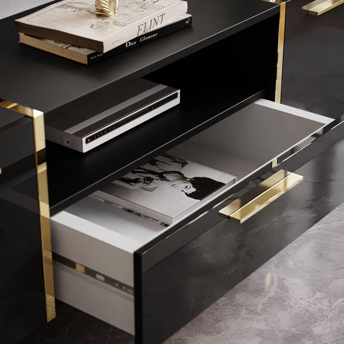 TV-ELEMENT ONYX AUF GOLDENEN BEINEN HOCHGLANZ 158 CM - Schwarz, Holzwerkstoff (158/53/41.3cm) - Lookway