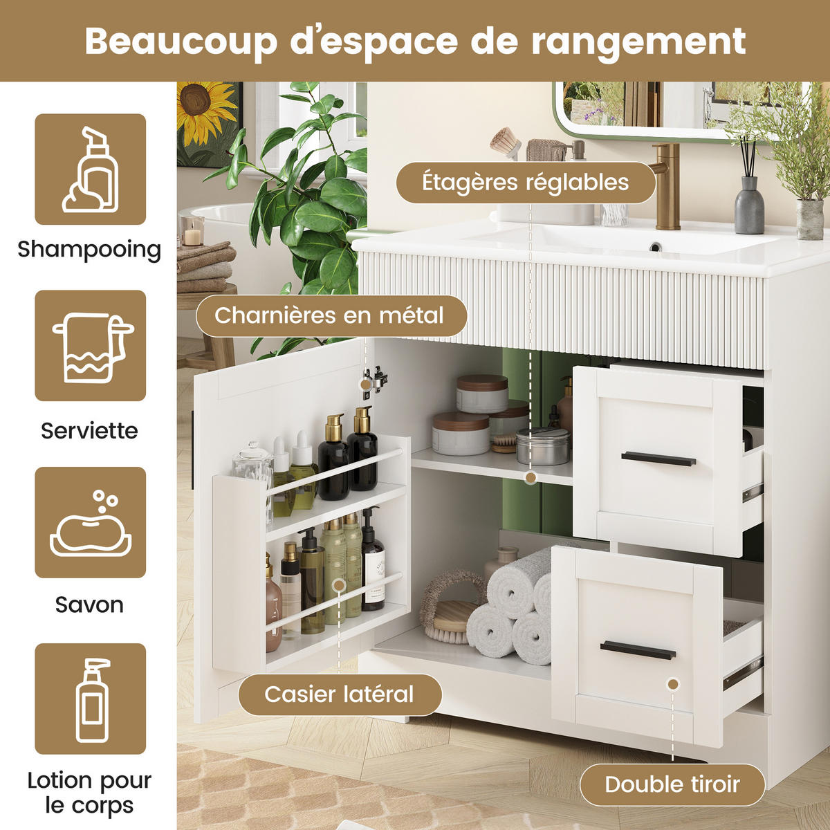 WASCHTISCHKOMBI 81,5x47x85,5cm Waschbeckenunterschrank-Set mit Keramikbecken und Schubladen - Weiß, Holzwerkstoff (30/30/80cm) - Raelunyi