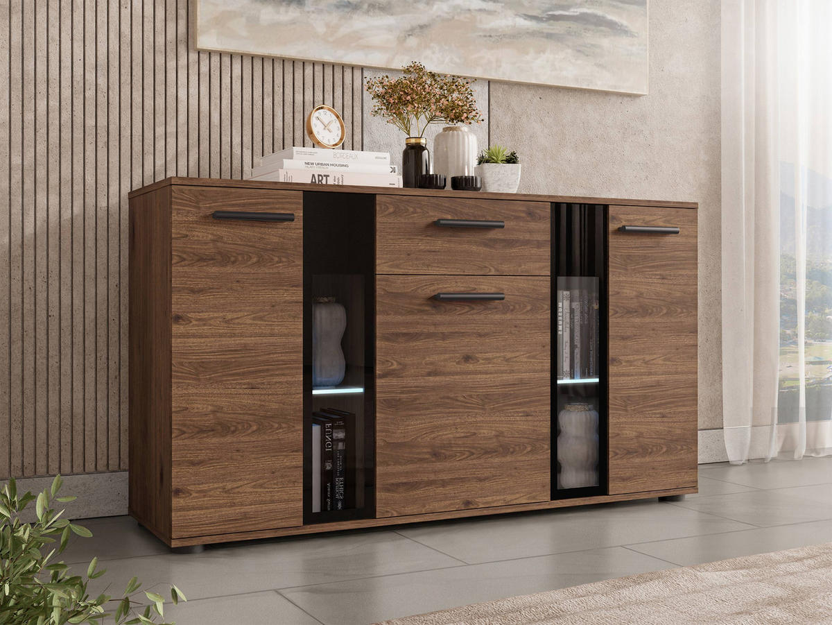 KOMMODE Salsa mit blauer LED Beleuchtung - Nussbaumfarben/Schwarz, Holzwerkstoff/Kunststoff (141/80/41cm) - MIRJAN24