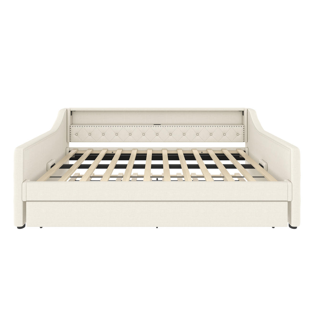 TAGESBETT 90/200 cm Beige mit LED-Beleuchtung und USB-Anschluss aus Leinen - Beige, Textil (90/200cm) - OKWISH