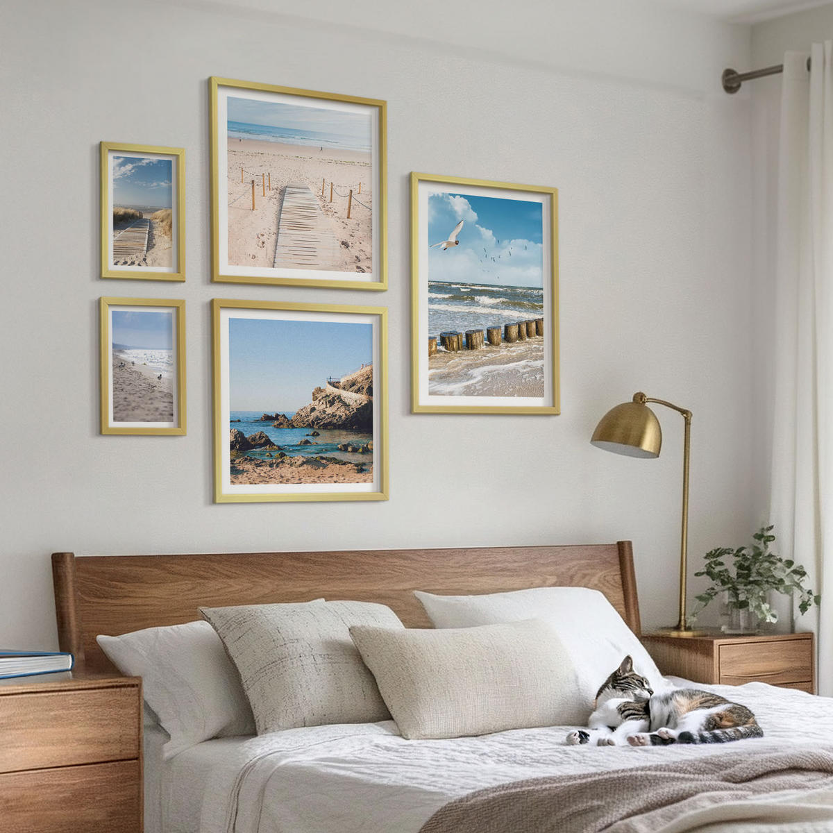 BILDER SET 5er Set - 50x50 cm & 20x30 cm & 40x60 cm Goldrahmen - Strand, Sand, Wellen, Himmel, Vögel - Goldfarben, Kunststoff (40/60cm) - TULUP