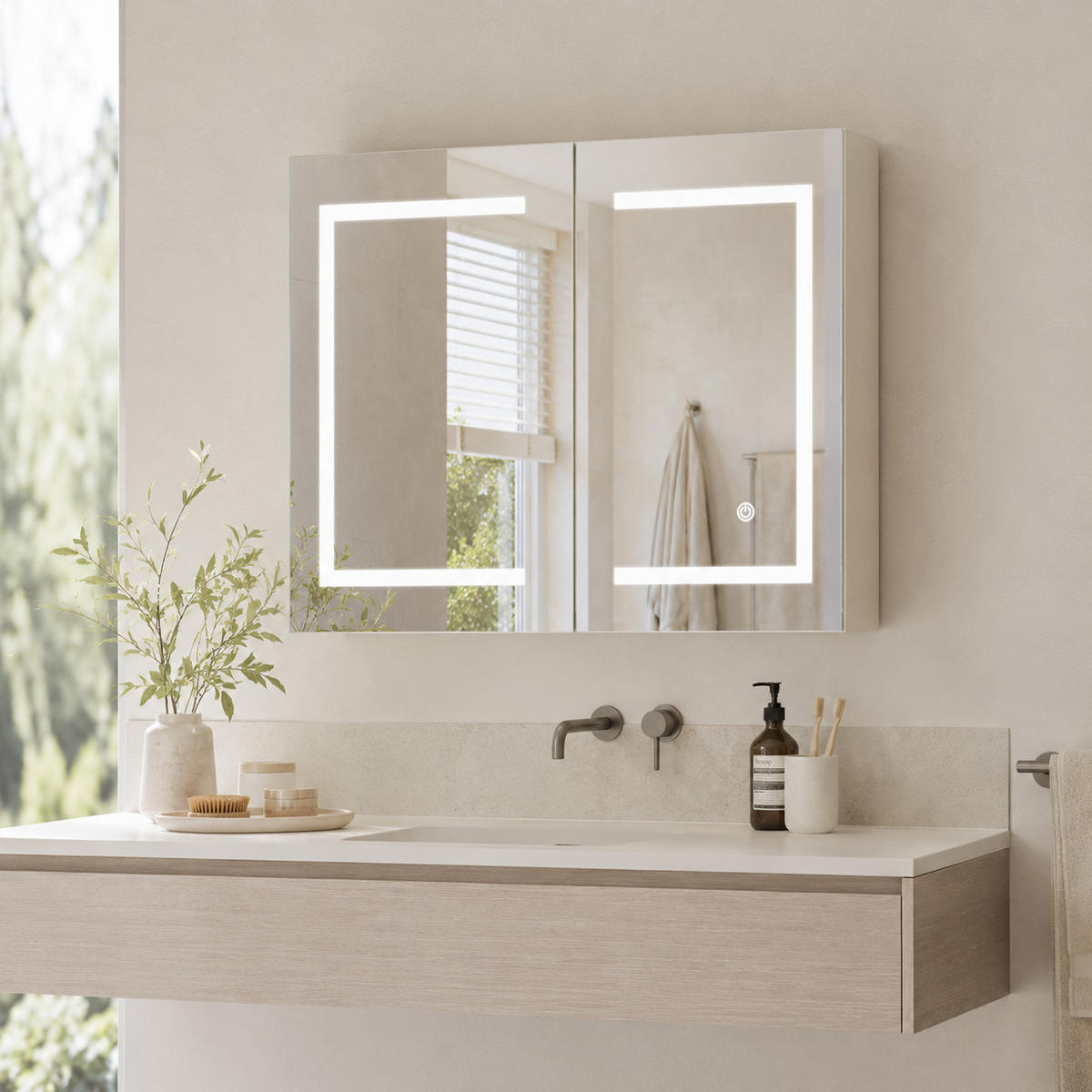 SPIEGELSCHRANK LED 80/60/13.5 cm mit Aufbewahrung, dimmbar, Touch-Schalter, moderner Badezimmer Spiegel mit Stauraum - Weiß, Glas (80/60/13.5cm) - Joyfair