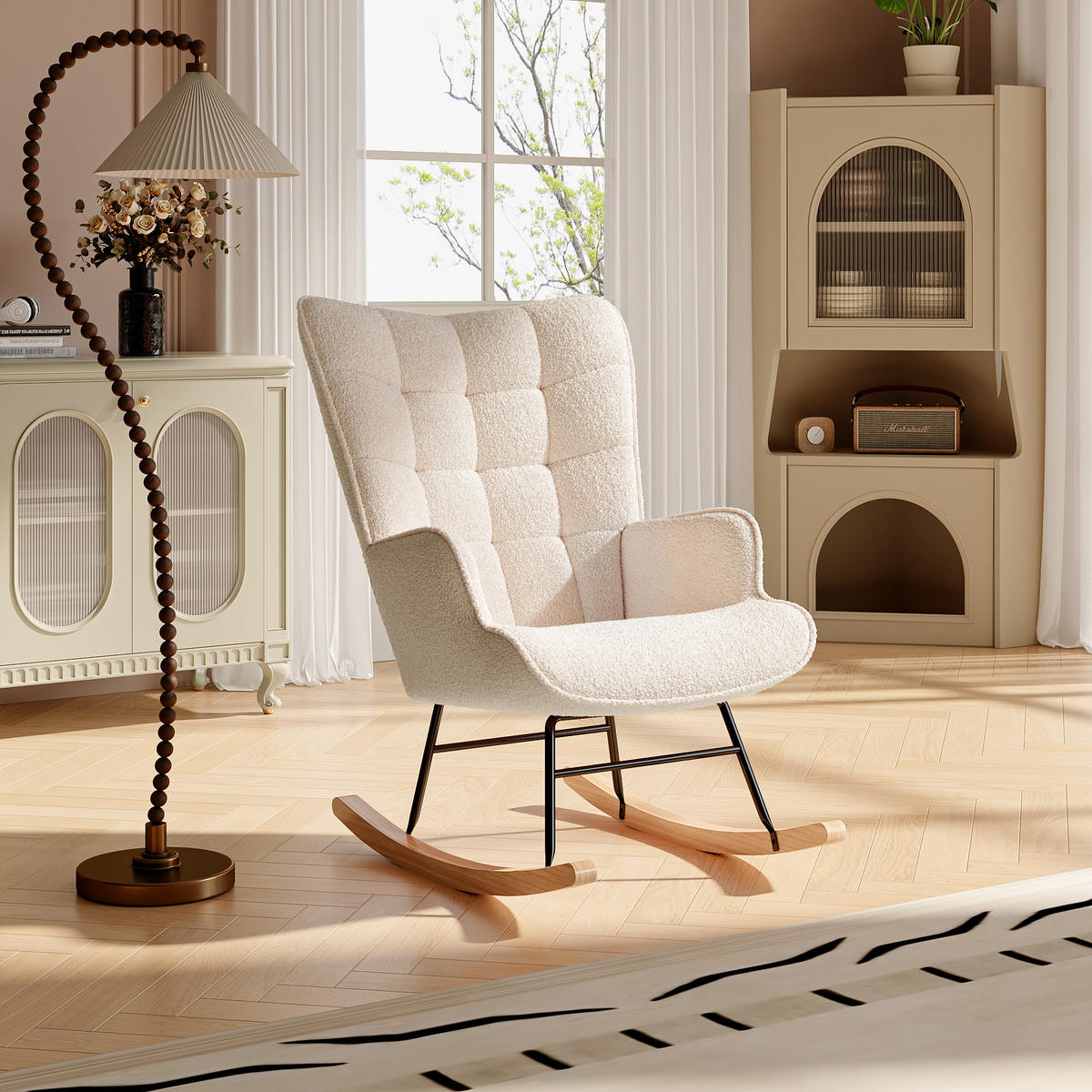 SCHAUKELSTUHL mit Metallgestell und Holzsockel, Teddystoff, Beige - Beige, Holzwerkstoff (68/92/75cm) - BursDany