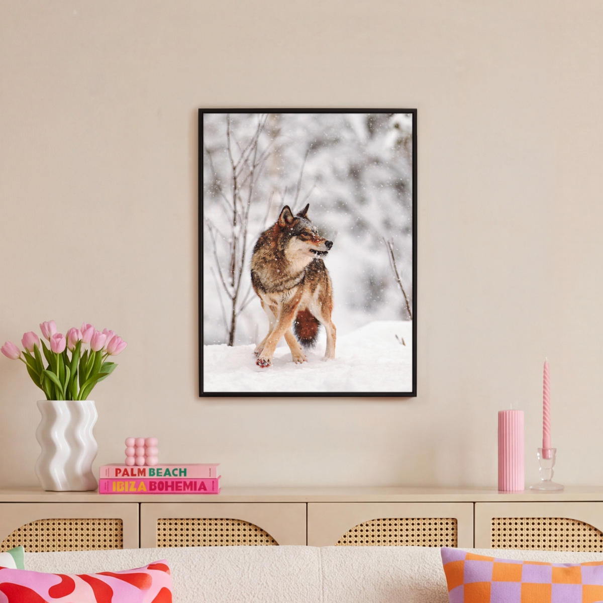 LEINWAND Bilder mit Rahmen - Wolf - Winter - Schnee - Natur - Tiere - 50x70 - Haselnussfarben, Textil (50/70cm) - MuchoWow