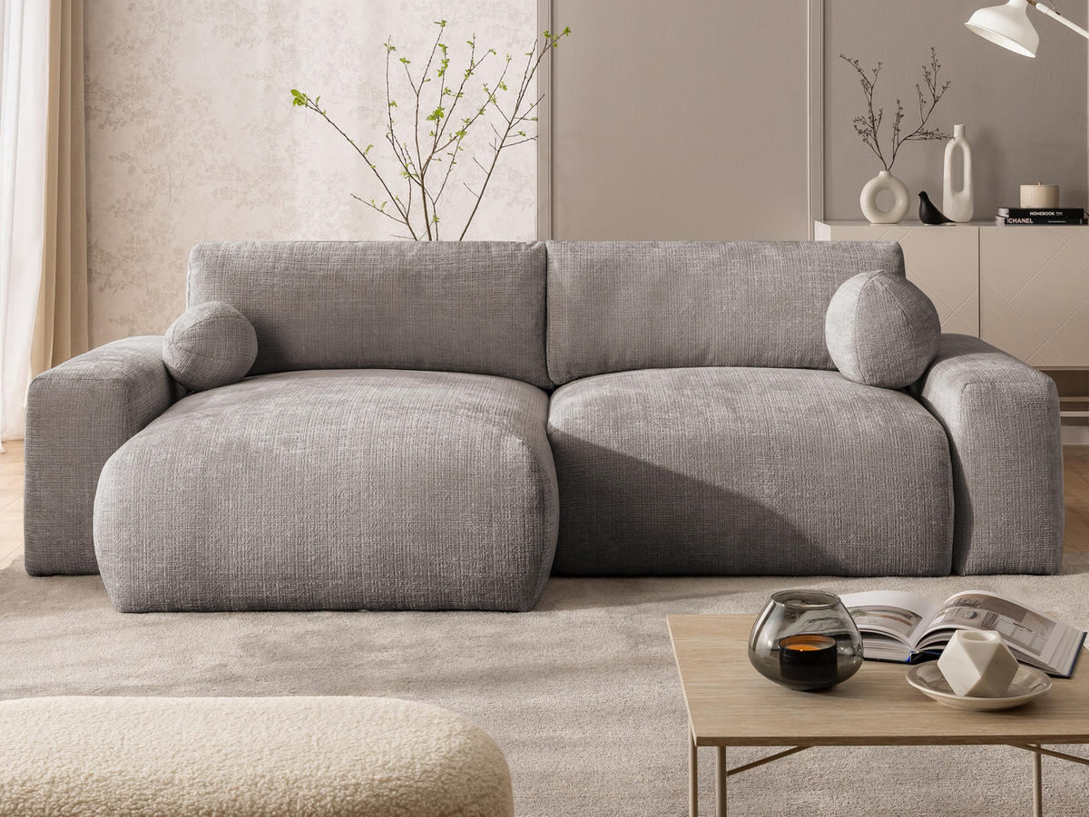 ECKSOFA Puffy mit Schlaffunktion und Bettkasten - besonders weich und puffig aus Taupe Chenille-Stoff - Ottomane links - Taupe/Schwarz, Holz/Kunststoff (138/266cm) - S-Style Möbel