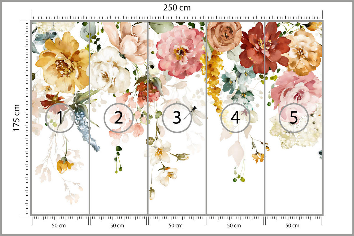 FOTOTAPETE für Schlafzimmer Aquarell Bunte Blumen Ranken Blätter 250x175 - Gelb/Rot, Papier (250/175cm) - Muralo