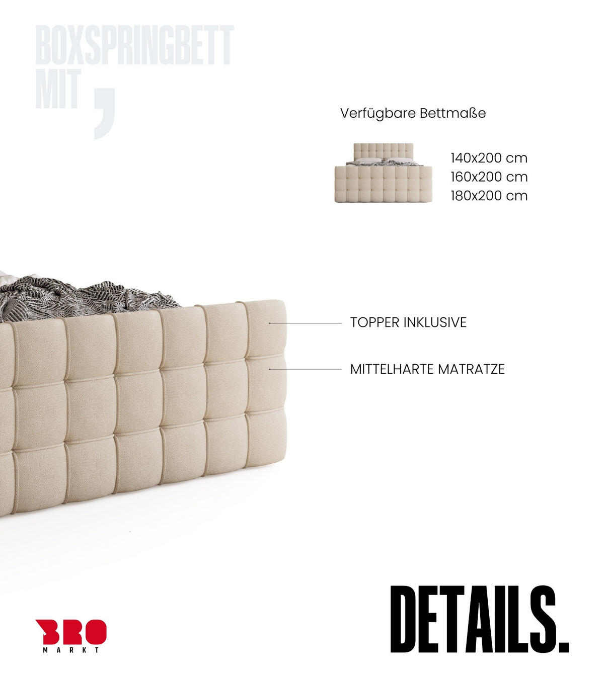 BOXBETT Detroit Duo mit Topper 180/200 Beige - Beige, Textil (180/200cm) - Bromarkt