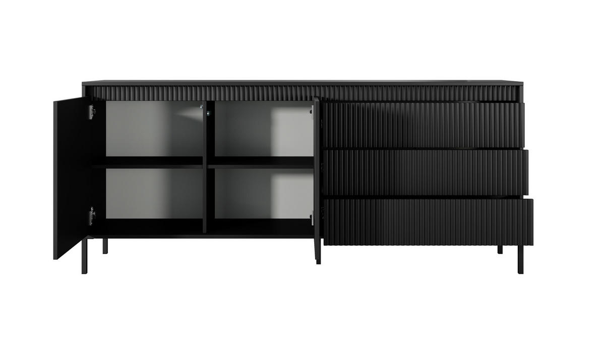 SIDEBOARD Ferrato C 187 cm Schwarz - mit 2 Türen und 3 geriffelten Schubladen rechts - Schwarz, Holz/Holzwerkstoff (187/81/39cm) - Ravio