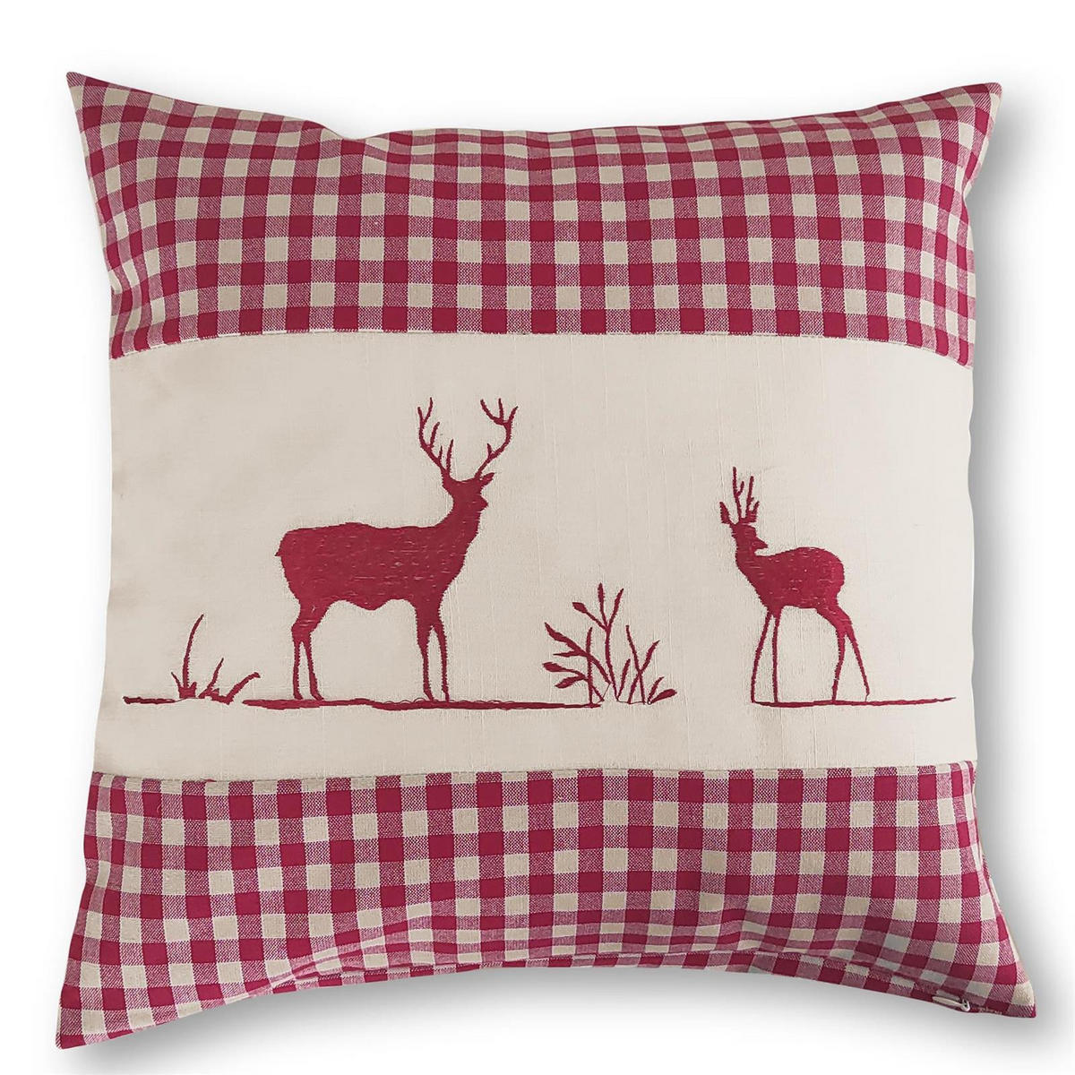 KISSENHÜLLE Hirsch rot 40/40 cm Landhaus-Stil Stickerei mit Reißverschluss - Rot, Textil (40/40cm) - wometo