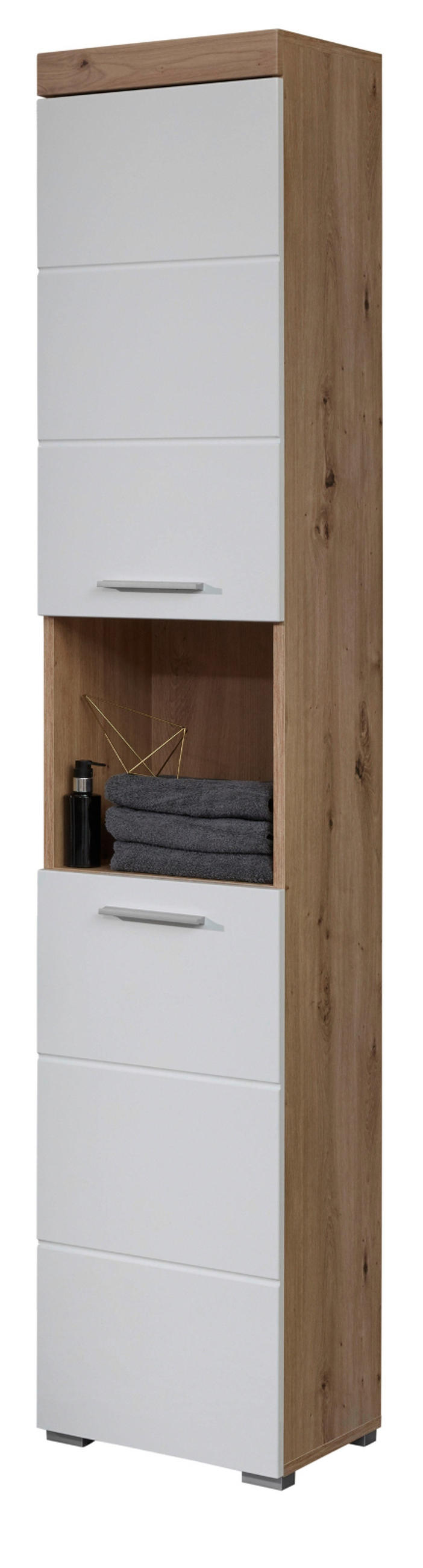 HOCHSCHRANK weiß Hochglanz, Asteiche 37 cm, Badschrank in modernem Design - Eichefarben/Weiß, Holzwerkstoff/Kunststoff (37/190/31cm) - Top.Furn