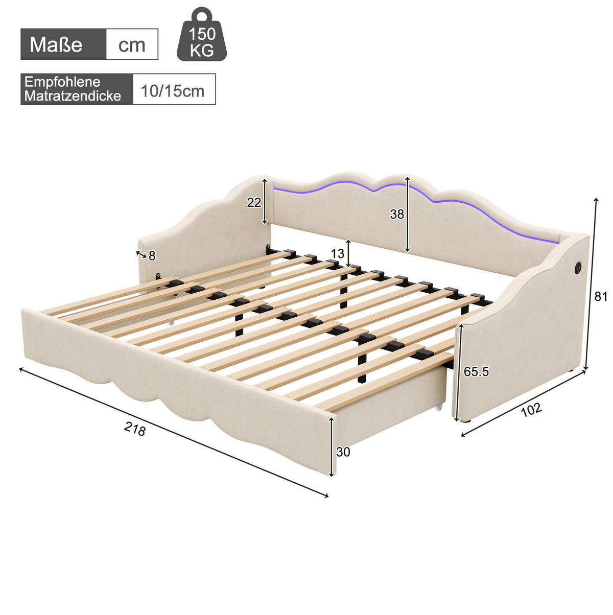 POLSTERBETT 90/180×200 cm aus Samt in Beige mit LED und USB- und Type-C-Anschlüssen - Beige, Textil (90/200cm) - Flora Grace