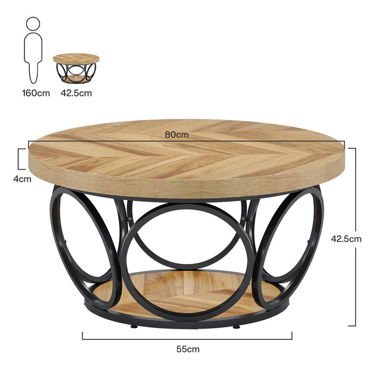 COUCHTISCH rund 80/80/42.5 cm 2 Ebenen Holz Stauraum modern - Hellbraun, Holz (80/80/42.5cm) - Kaket