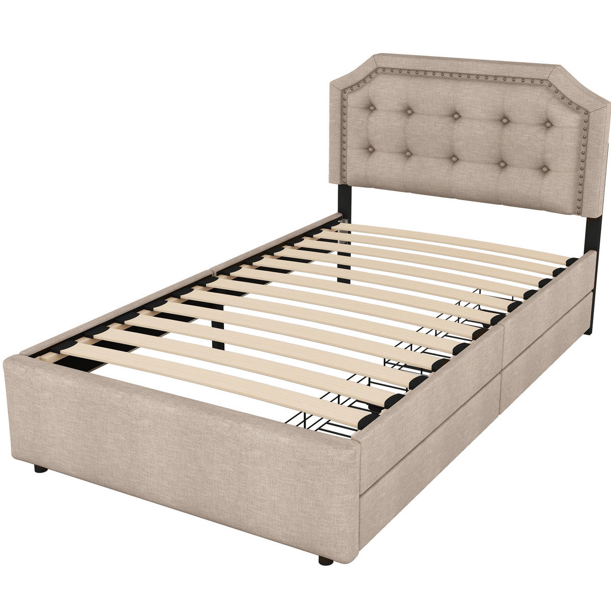 POLSTERBETT aus MDF und Leinenstoff 90x200 cm Dunkelbeige mit 2 Schubladen - Beige, Textil (90/200cm) - IVMEU