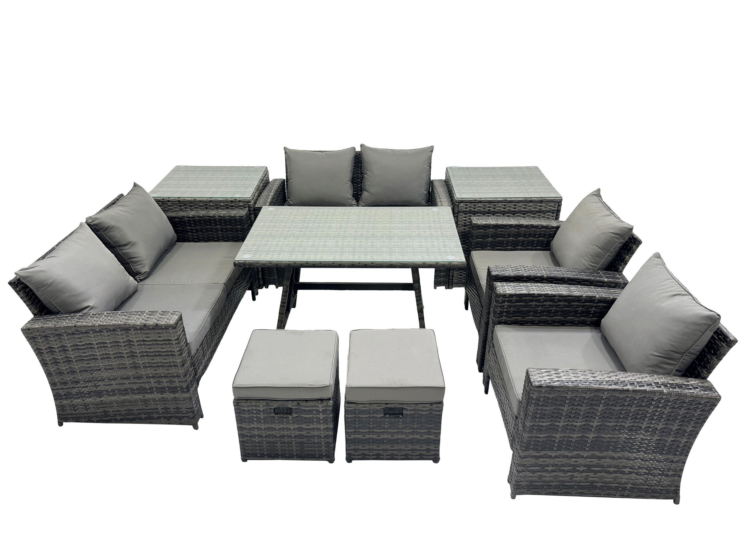 GARTENMÖBELSET mit ESSTISCH,HOCHLEHNER-SOFA Polyrattan Dunkelgrauer Mix 8-Sitzer - Dunkelgrau/Grau, Glas/Kunststoff - Fimous