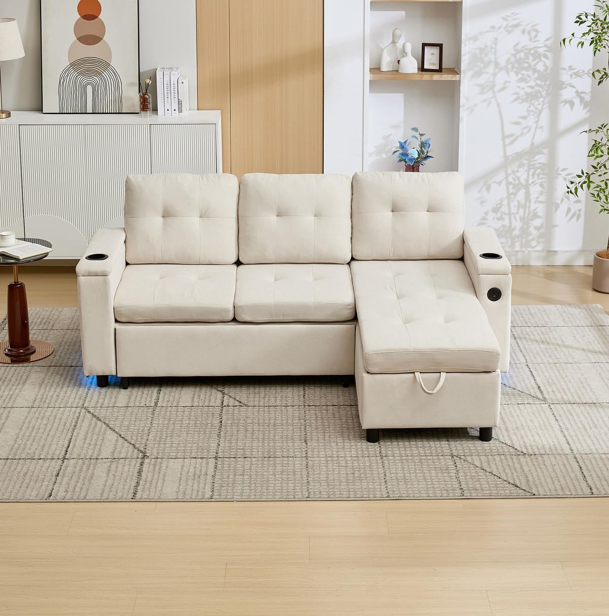 SCHLAFSOFA, Stoff mit Stauraum & LED-Lichtleiste, 208/146/89,5 cm, Beige - Beige, Textil (146/89.5/208cm) - Redom