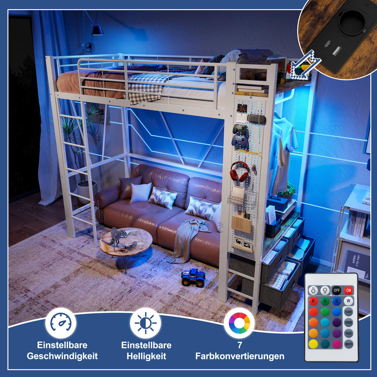 HOCHBETT aus Metall und MDF 90x200 cm Weiß mit LED, USB-C, Steckdose, Lochbrett, Hängestange und 4 Schubladen - Weiß, Metall (90/200cm) - Modfu