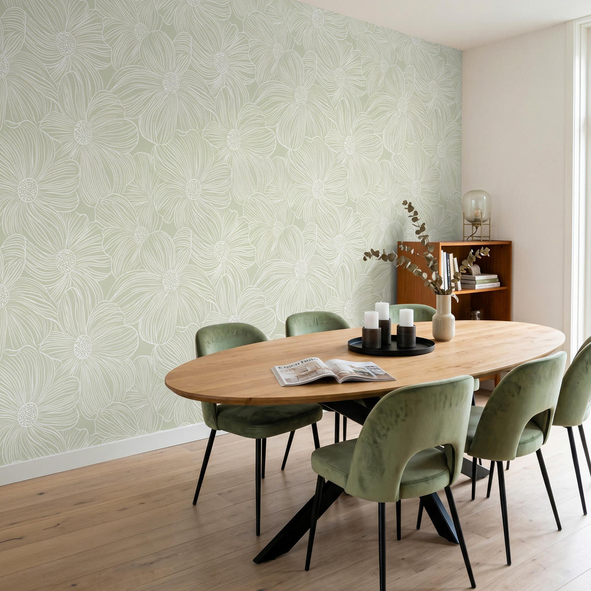TAPETE - Gelassenheit - Blumen - Grün - 350x220 cm - Salbeigrün, Papier (350/220cm) - OnlyWow