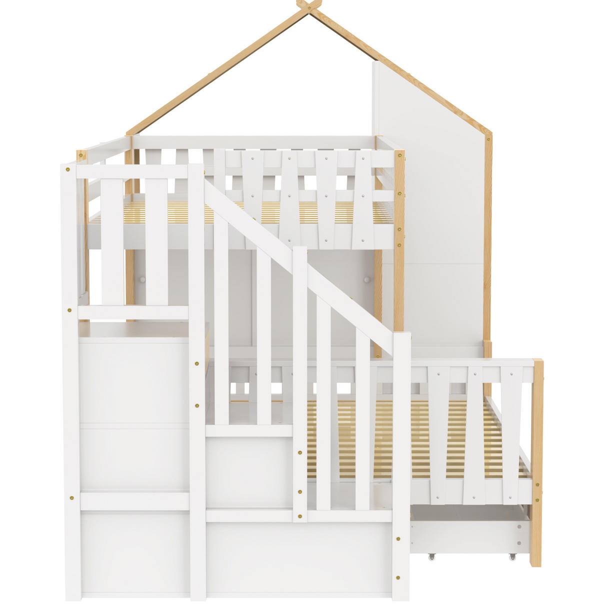 ETAGENBETT aus Kiefernholz 90x200/140x200 cm Weiß/Natur mit Stauraumleiter, 2 Schubladen und Hausdach - Weiß, Holzwerkstoff (90/200cm) - Modfu