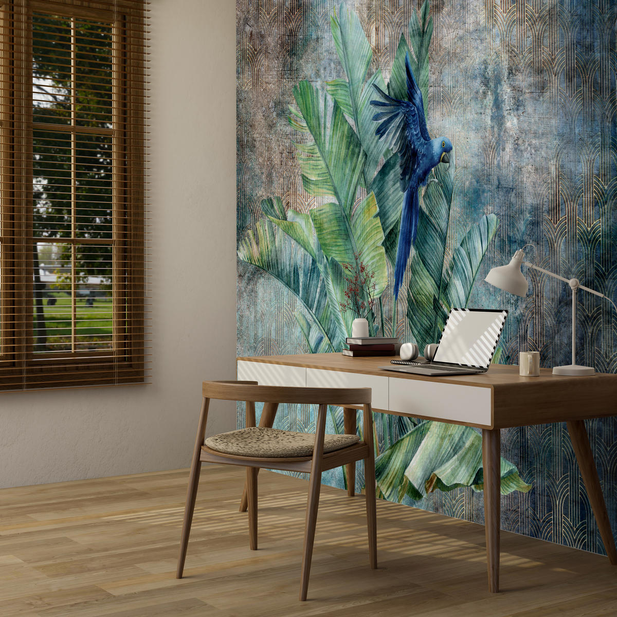 FOTOTAPETA Pre Obývaciu Izbu Retro Papagáj Tropické Listy 250 x 175 cm - hnedá/modrá, papier (250/175cm) - Muralo