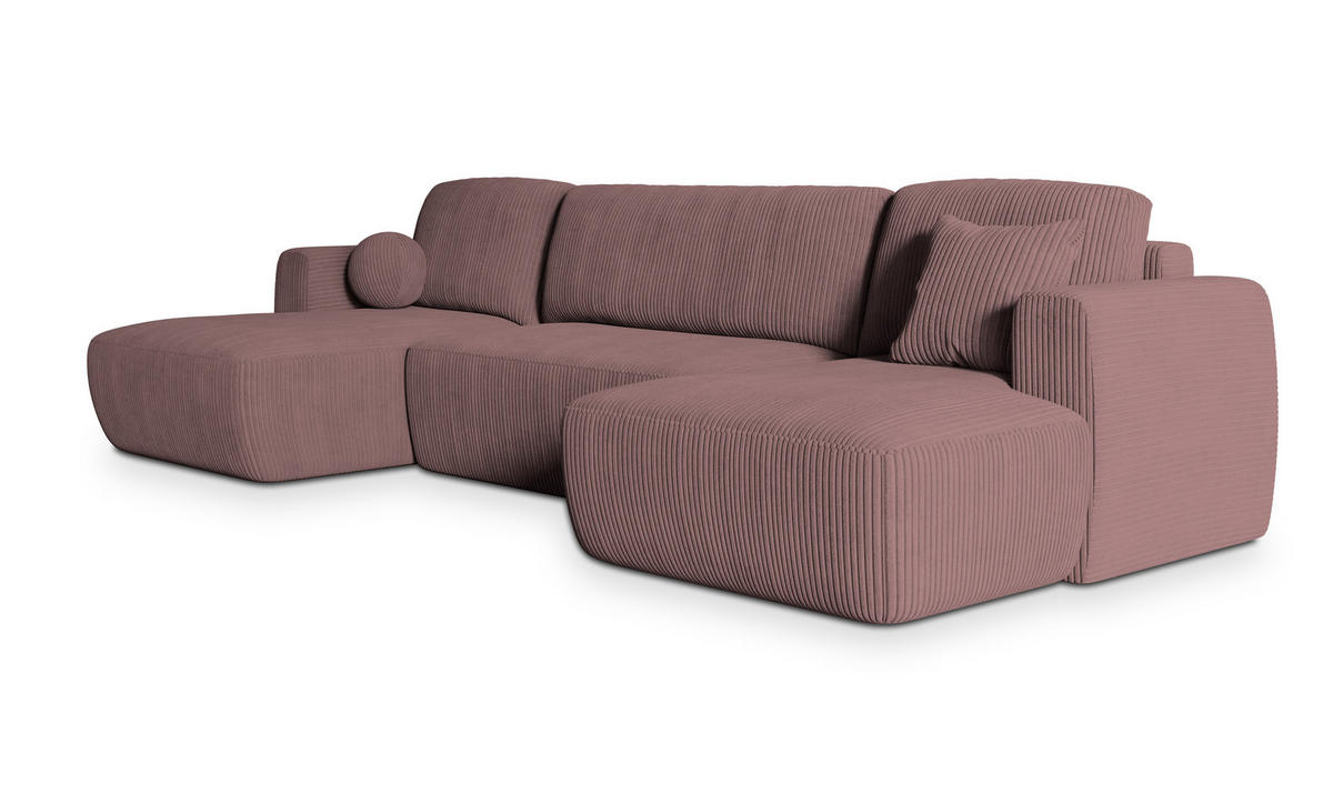WOHNLANDSCHAFT SENTUM P Lila Kordstoff mit Schlaffunktion - Lila, Holz (330/90/148cm) - MASSENO