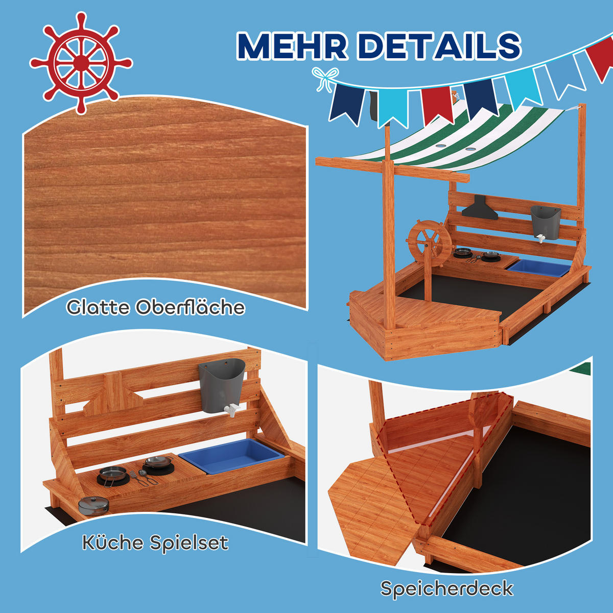 SANDKASTEN Sandkiste groß mit Abdeckung im Schiff Design Matschekiste aus Holz - Orange, Holz (180/103/144.5cm) - Outsunny
