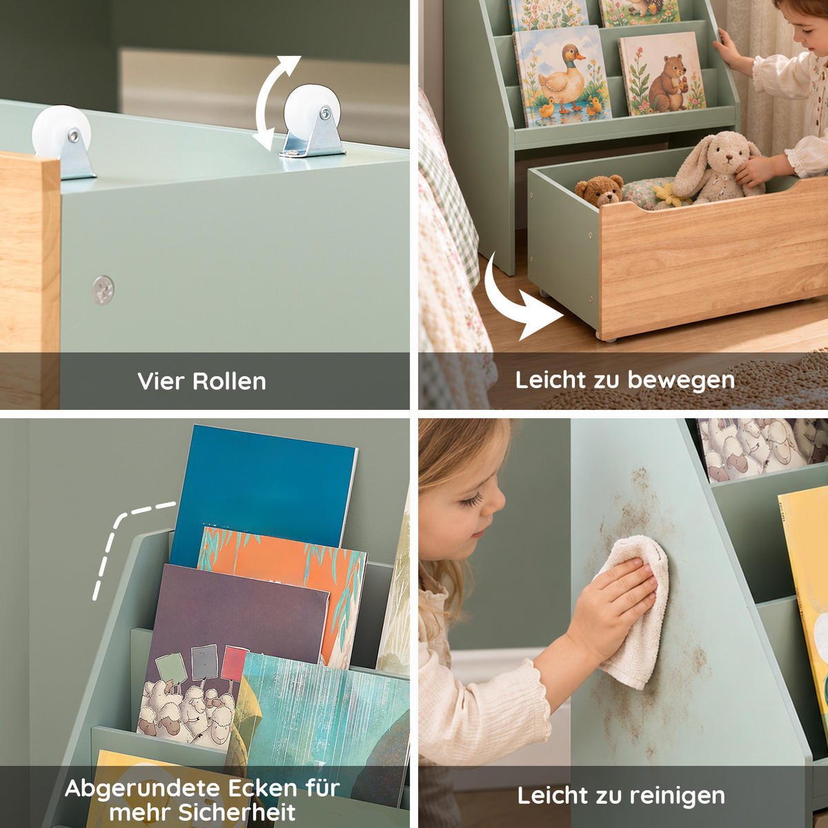 BILDERBUCHREGAL für Kinder, Grün, 4 offene Fächer und große Schublade, auf 4 Rollen, 80 cm hoch, für Kinderzimmer, Leseecke und Kindergarten - Naturfarben/Grün, Holz/Holzwerkstoff (62/80/30cm) - SoBuy