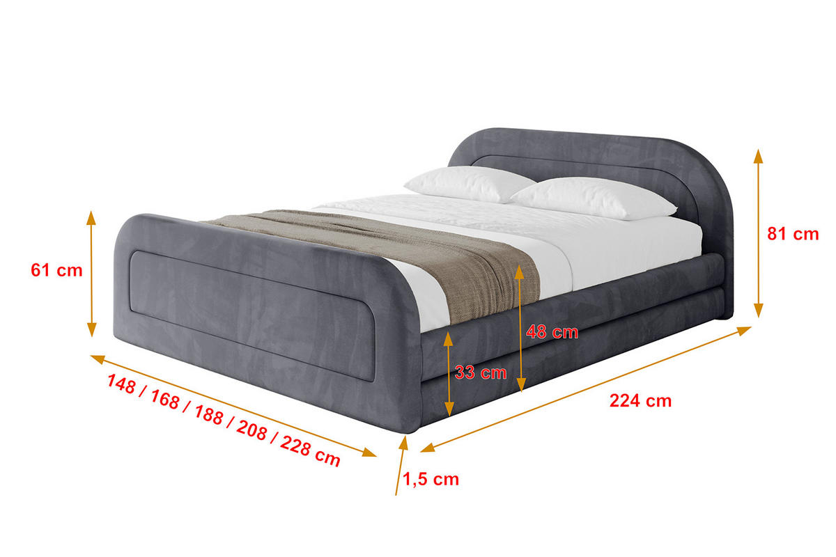 POLSTERBETT mit Bettkasten, Fußteil und Lattenrost, Boxbett mit Matratze H3/H4 - LERIS-v1-Z 200x200 Dunkelgrau - Dunkelgrau, Holzwerkstoff/Textil (200/200cm) - ALTDECOR