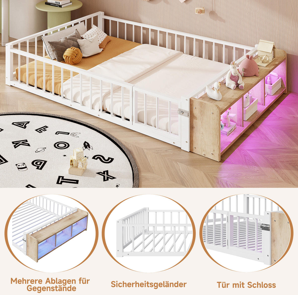 KINDERBETT 140/200 cm Weiß aus Metall und MDF mit Schutzgeländer - Weiß, Metall (140/200cm) - OKMYHOME
