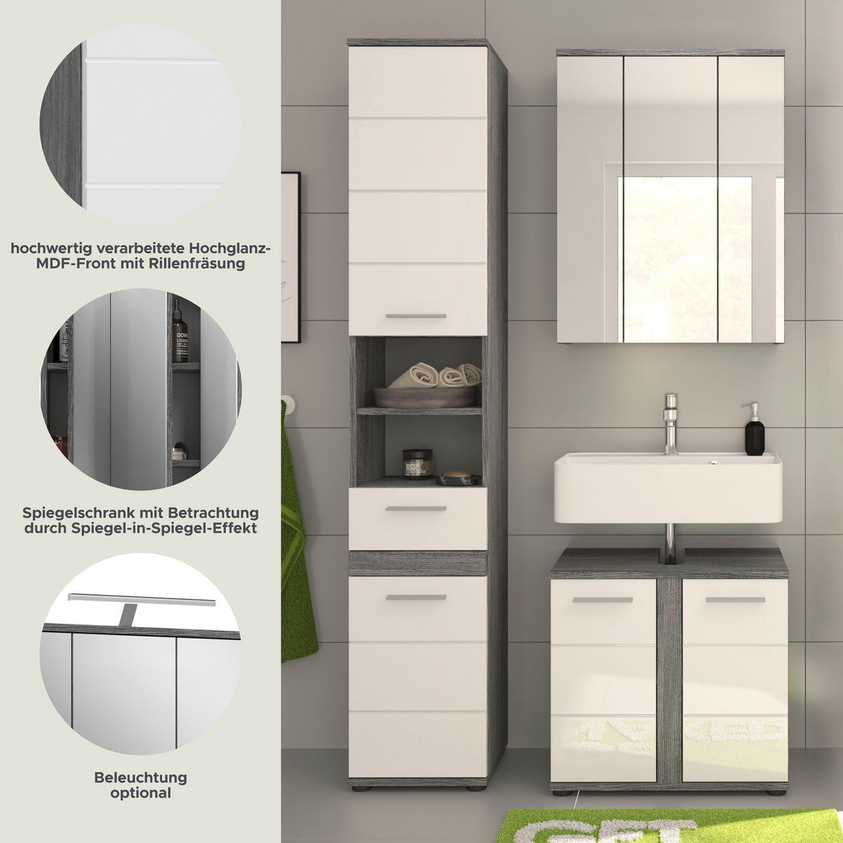 BADKOMBINATION 3tlg. Blake Bad in Rauchsilber Nachbildung und weiß hochglanz B/H/T: 114x191x34 cm - Anthrazit, Holz (114/191/34cm)