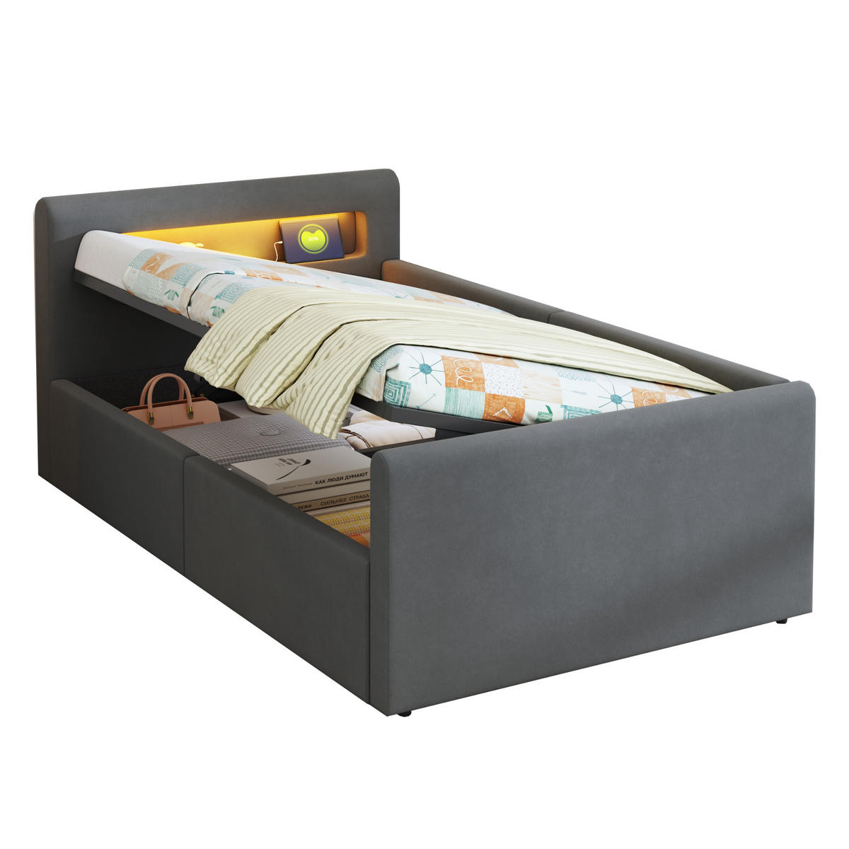 POLSTERBETT Kinderbett 90/200 cm Dunkelgrau mit LED-Licht und Hydraulischem Stauraum aus Samt - Grau, Textil (90/200cm) - OKWISH