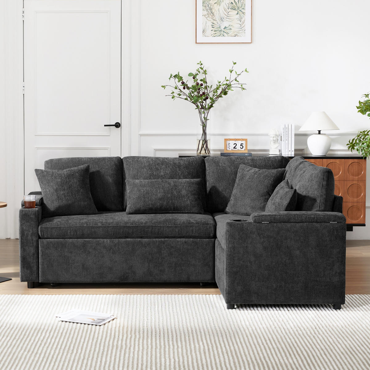 ECKSCHLAFSOFA 206.5/141/86 cm Dunkelgrau mit Stauraum, Getränkehalter, USB-Ladeanschluss und Armlehnenablage - Dunkelgrau, Textil (206.5/141cm) - Oxeza