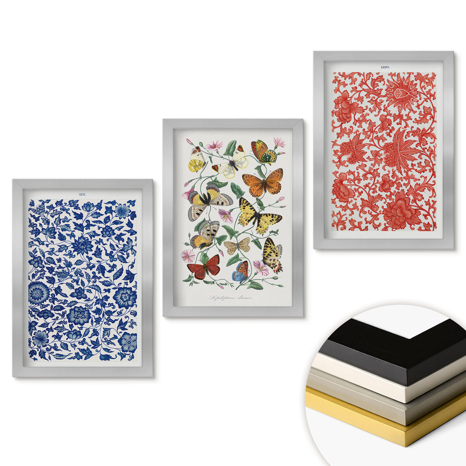 WANDBILDER 3er Set - 20x30 cm Silberner Rahmen - Vintage-Blumen-Schmetterlings-Ornamente - Silberfarben, Kunststoff (20/30cm) - ArtPrintCave