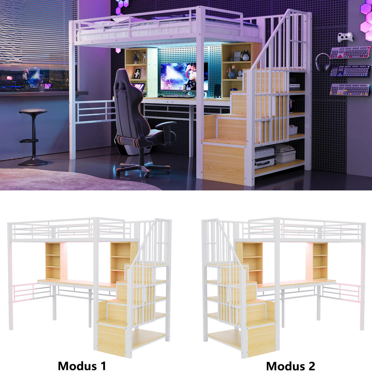 HOCHBETT 90/200 cm aus MDF und Metall mit Schreibtisch, Treppe, LED, Weiß - Weiß, Holzwerkstoff (90/200cm) - OKMYHOME