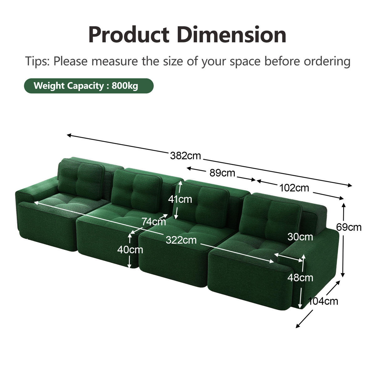 SOFA modular mit Tiefsitz 74 cm Cord Green - Grün, Kunststoff (104/69/382cm) - Meubliv