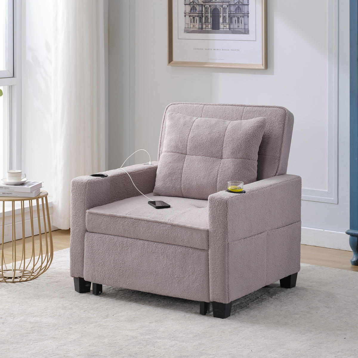 RELAXSESSEL 87/74/84 cm Grau mit Getränkehaltern und USB Anschluss - Grau, Textil (74/84/87cm) - Oxeza