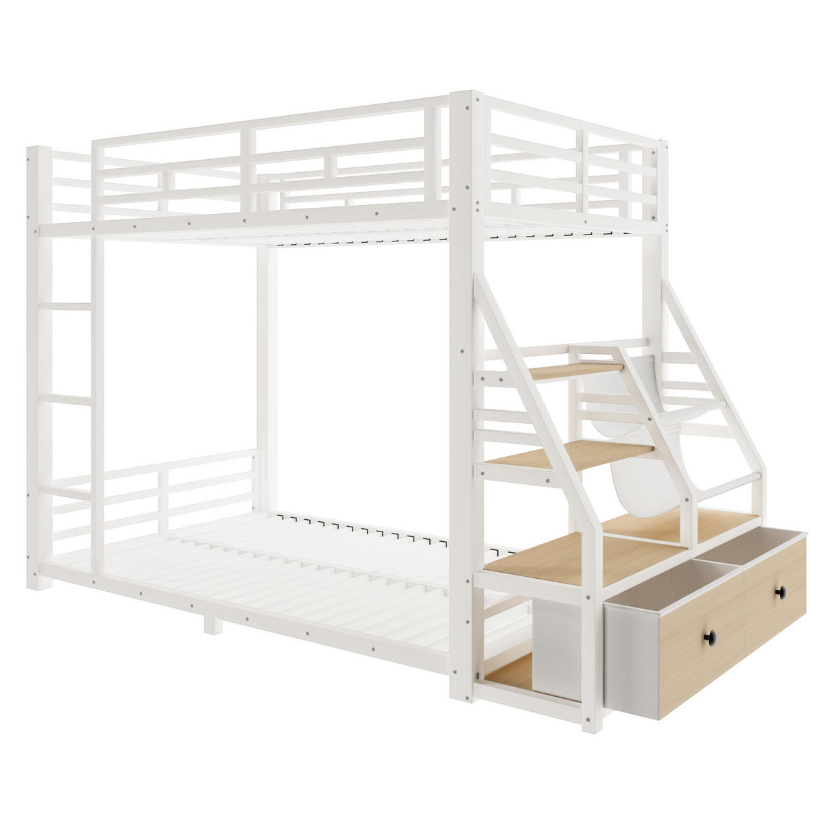 ETAGENBETT 90/200 cm & 90/200 cm in Weiß mit 2 Stoffschubladen, LED und Ablagen - Weiß, Holzwerkstoff/Metall (90/200cm) - STILVORA