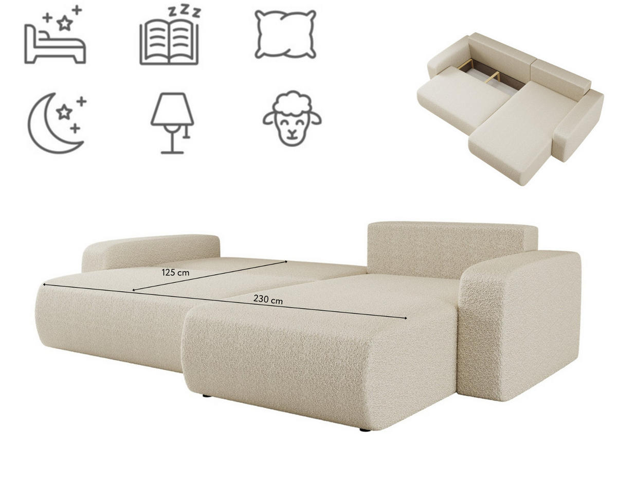 SCHLAFSOFA MILANO XL Und Bettkasten Stoff Quelle Ecru Rechts - Ecru, Holz (274/82/145cm) - Kaiser Möbel