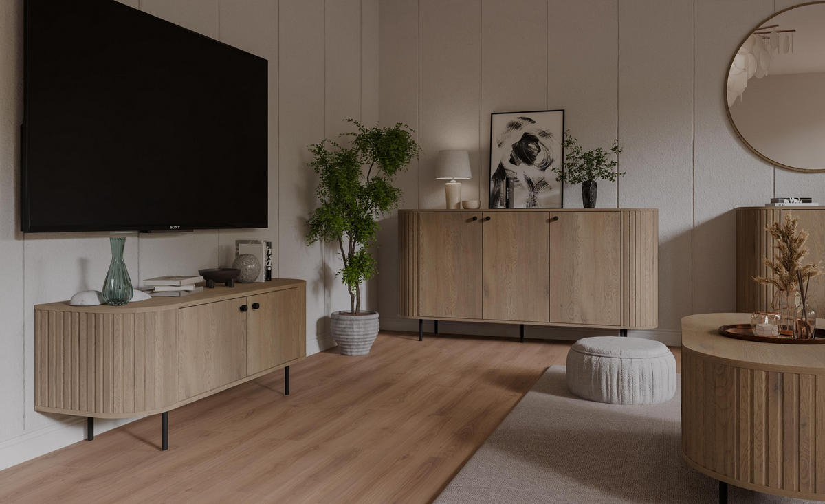 COUCHTISCH Halay Eiche Cremona, Moderne Rillenstruktur 100 cm, mit runden Kanten - Eichefarben/Schwarz, Holzwerkstoff/Metall (45/100/52cm) - AX Living