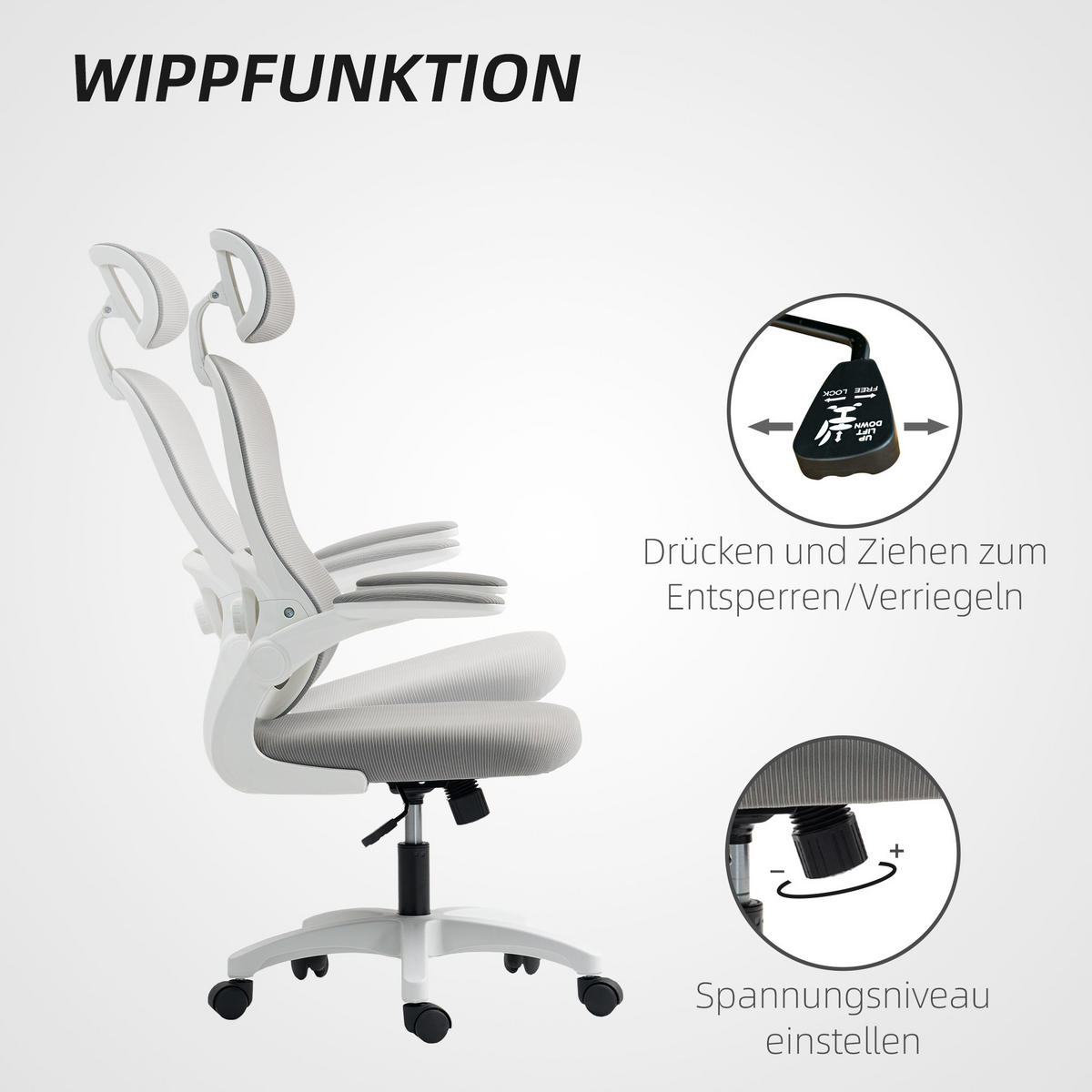 BÜROSTUHL Ergonomischer Schreibtischstuhl mit Hochklappbaren Armlehnen Grau - Weiß/Grau, Kunststoff/Textil (62/115/64cm) - HOMCOM