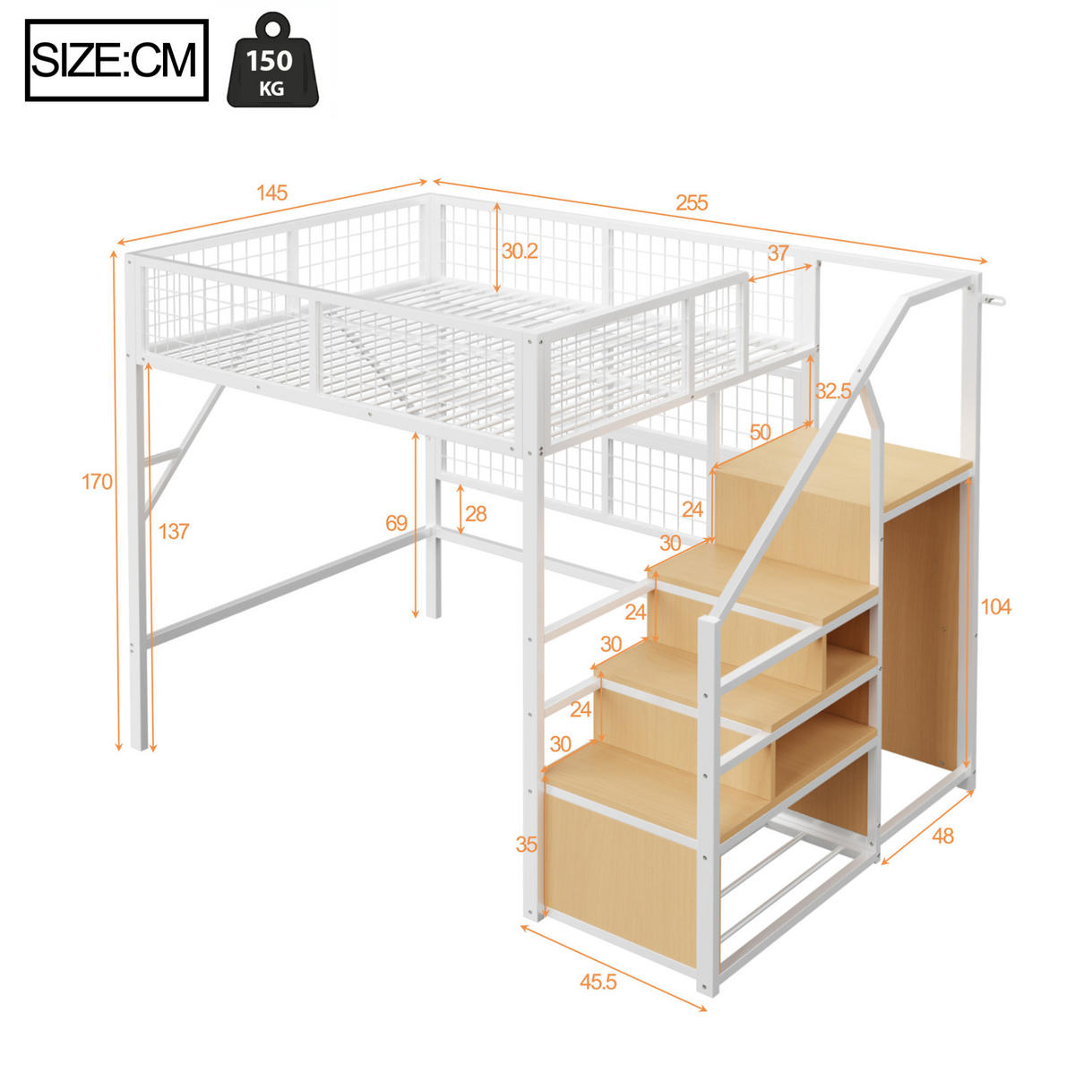HOCHBETT 140/200 cm in Weiß – mit Stauraumtreppe und offenem Kleiderschrank - Weiß, Metall (140/200cm) - BEAOK
